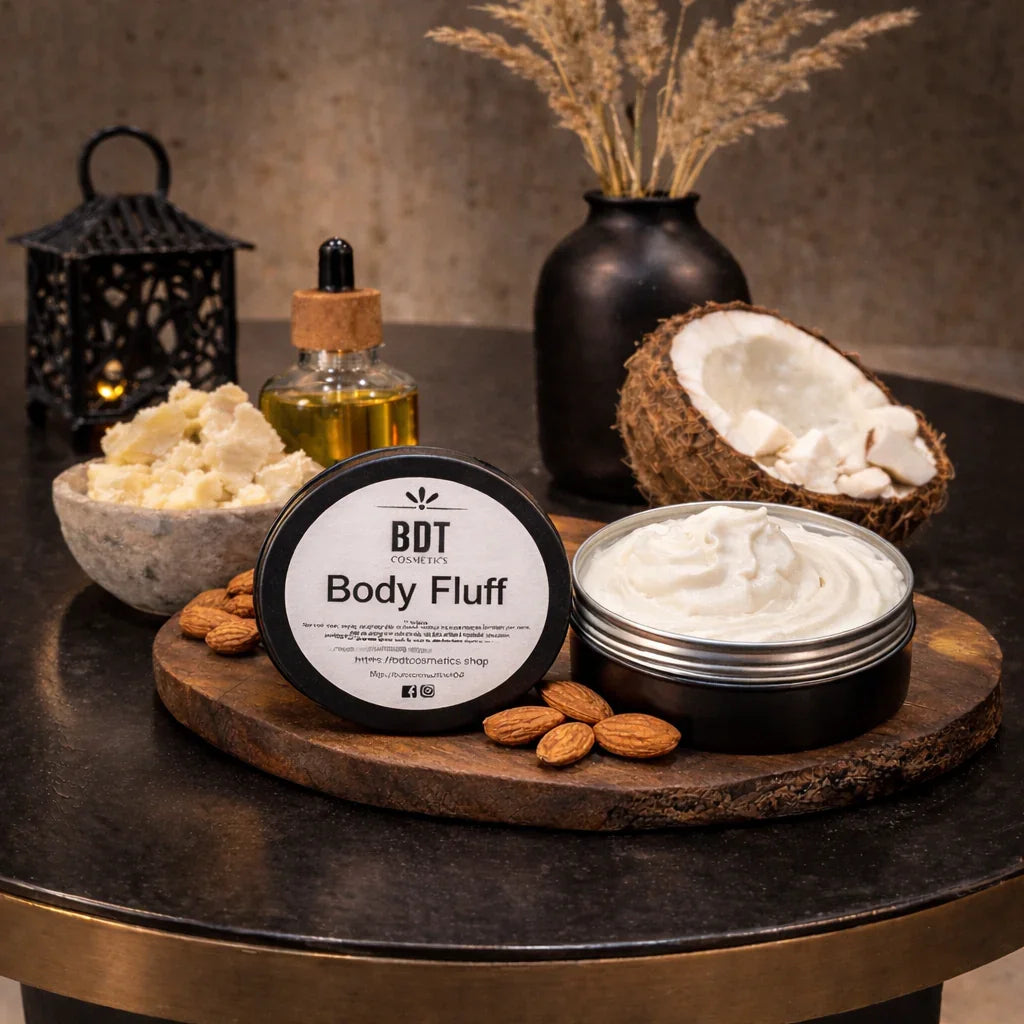 Ekologisk kroppskräm Body Fluff med naturliga ingredienser som kokos, mandel och sheasmör